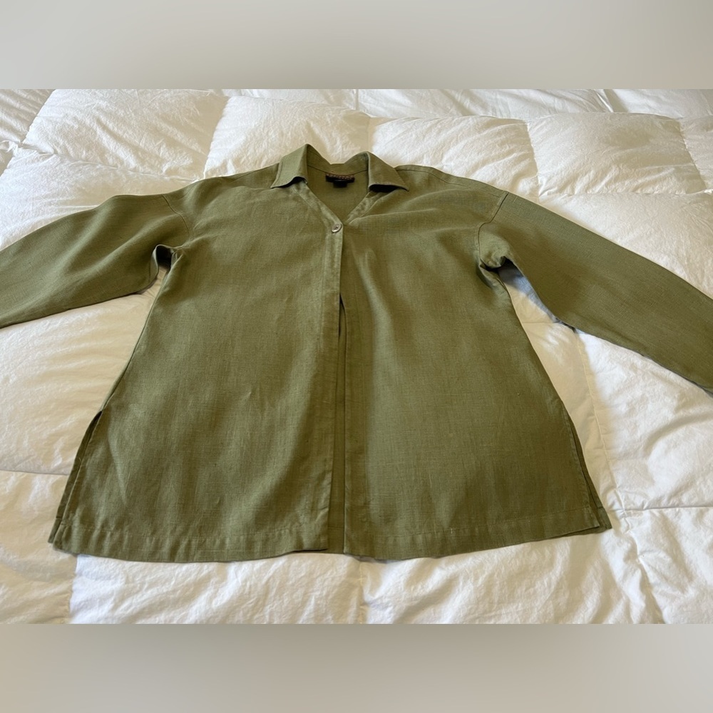 Finity Naturals Size 10 Linen | Single Button Cardigan Top | Green Lagenlook